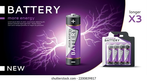 Realistic alkaline battery banner. 3d isolated object and blister packaging, electrical li ion product, power conduction, promo banner template, purple lightning, utter vector concept