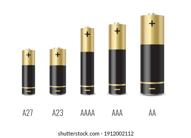 Batería alcalina realista con diferente tamaño aislada en fondo blanco. Plantilla de mordaza. Recogida de baterías de cilindros 3d. Ilustración del vector