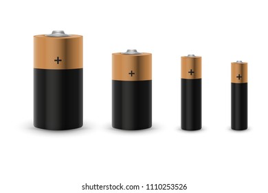 Realistic alkaline battery set isolated on white background. Vector illustration. Eps 10.