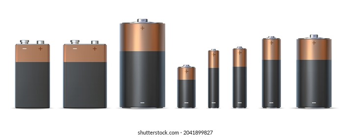 Realistic alkaline battery sizes aa, aaa and d. Batteries types. Chemical electric power source in metal cylinder. 3d charge icon vector set. Disposable different electrical accumulators
