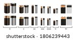 Realistic alkaline battery vector set. Isolated objects on white background. Diffrent size batteries. AA, AAA, 9V, N, D, C accumulators.