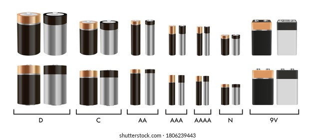 Realistic alkaline battery vector set. Isolated objects on white background. Diffrent size batteries. AA, AAA, 9V, N, D, C accumulators.