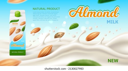 Leche de almendras realista. batido orgánico. Cartel publicitario de bebidas nueces. salpicaduras blancas y ondas líquidas. Caja de cartón de marca con bebida. Producto vegetal. Comida vegana