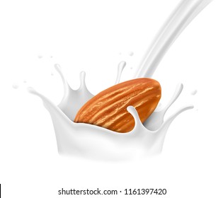 Realistic almond nut with milk splash on white background. Vector illustration. Ready to use for your design, presentation, promo, ad. EPS10.