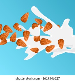 Realistic almond nut mixed with milk vector illustration.Splash milk and almond nut. Sun flower seed