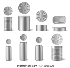 Realistic aluminium can. Beverages and canned food cans, metal packaging different shapes front and top view 3D vector set. Beverage beer container, aluminium mockup illustration