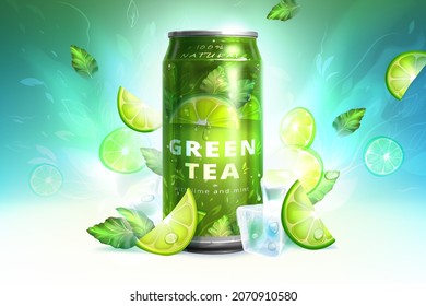 Realistic aluminium can with ice tea drink on refreshing background. Metal bottle with soft beverage with ice cubes, lemon pieces and green leaves around. Banner design template for advertising.
