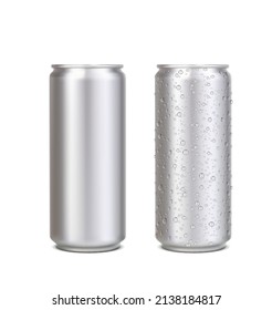 Realistic aluminium can with water drops, silver energy drink beer, soda, lemonade, coffee can mockup. Isolated vector blank 3d tin jars front view, cylinder metal beverage canisters with drops