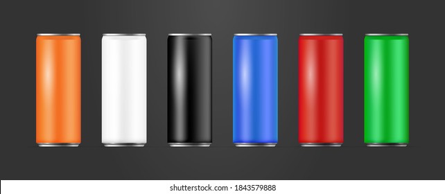 Realistic Aluminium Cans Collection in different colors, Vector 3d illustration, Drink cans Collection, Mockup of can for Brand promotion 