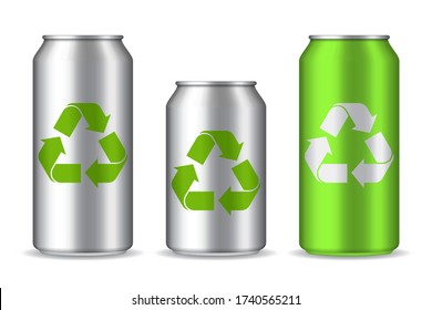 Realistic aluminium cans mockup with recycle icon. 3d silver and green bottle template on isolated background. Soda, beer pack with eco, recycling symbol. Fresh drink in metal container. vector