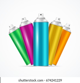 Realistic Aluminium Colorful Spray Can Set for Urban Street Wall Graffiti or Cosmetic Aerosol Product. Vector illustration
