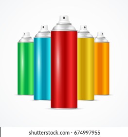 Realistic Aluminium Colorful Spray Can Set Deodorant Container Beauty Cosmetic Aerosol Product. Vector illustration