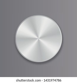 Realistic aluminium or silver metal button with circular processing. Button with shadow.