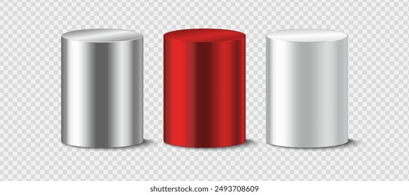 Realistic aluminum 3D cylindrical podium background. Minimal mockup or abstract product presentation, stage showcase. Red, Silver and Metallic Podium Layouts