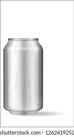 Realistic aluminum can with water drops. Metallic can for beer, soda, lemonade, juice, energy drink. Vector mockup, blank with copy space.