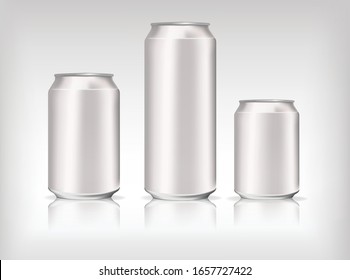 Realistic aluminum can with water drops. Metallic can for beer, soda, lemonade, juice, energy drink. Vector mockup, blank with copy space.