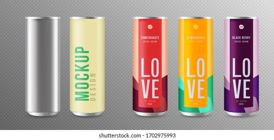 Realistic aluminum cans. Blank metallic can drink beer soda water juice packaging empty mock up aluminium container vector template