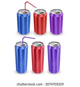 Realistic aluminum cans. Blank metallic can drink beer soda water juice packaging, empty mock up container vector template