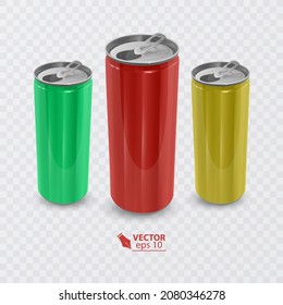 Realistic aluminum cans. Blank metallic can drink beer soda water juice packaging, empty mock up container