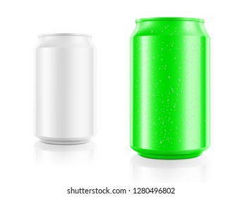 Realistic aluminum cans mockups with drops. Front view. Vector illustration. Can be used for beer, water, soda, energetic, etc. Easy to use for presentation your product, idea, design. EPS10.