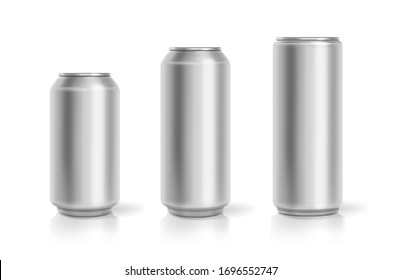 Realistic aluminum cans. Soda drink containers set. Lemonade or beer metallic can package. Vector realistic.