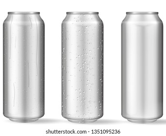 Realistic aluminum cans with water drops. Metallic cans for beer, soda, lemonade, juice, energy drink. Vector mockup, blank with copy space.