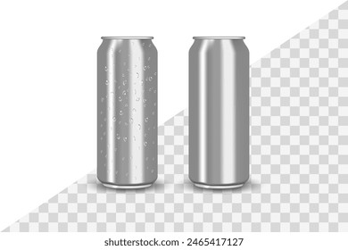 Realistic aluminum cans with water drops. empty metallic can. Aluminium can mockup for energy drinks, cola, soda, beer, and juice. Aluminum cans on transparent background.