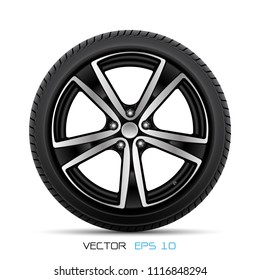 Realistic aluminum car wheel with tire style sport racing on white background vector illustration.