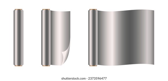 Realistic aluminum foil roll, icon. 3D Roll Of Silver Aluminium Kitchen Foil Packaging. Isolated on white background. Vector illustration