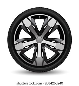 Realistic aluminum wheel car tire style racing grey on white background vector illustration.