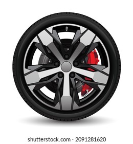 Realistic aluminum wheel car tire style racing grey disk break on white background vector illustration.