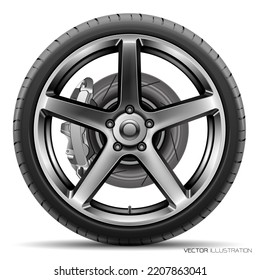 Realistic aluminum wheel car tire style racing with disk brake on white background vector illustration.