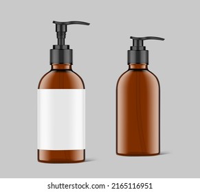 Realistic amber glass bottle with black dispenser. Vector illustration. Perfect for the presentation of liquid soap, disinfectant, etc. EPS10.	