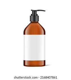 Realistic amber glass bottle with black dispenser. Perfect for the presentation of liquid soap, disinfectant, etc. EPS10.	