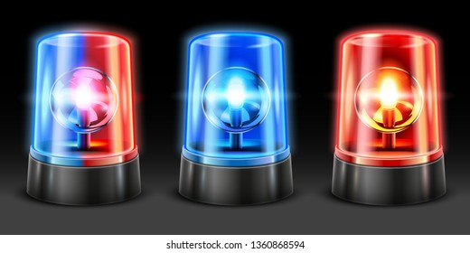 Realistic ambulance flashing. Police light flasher, safety lights and warning siren flashing lamps. Emergency light, accident flasher or rescue alarm 3D vector isolated objects set