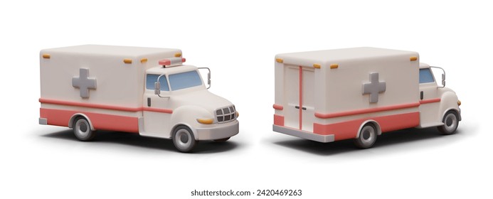 Realistic Ambulance truck in white and red colors. Cartoon car with cross in cartoon style