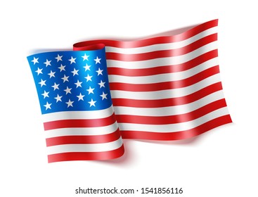 Realistic american flag. Waved national USA symbol with stars and stripes. 4-th of july, american independence holiday sign, symbol of freedom. Vector patriotic emblem.