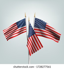 Realistic American Flag. Waving flag of the USA. 3D advertising textile vector flags. Template for products, advertizing, web banners, leaflets, certificates and postcards. Vector illustration