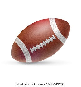 Realistic american football ball with shadow. Sports equipment for team game on stadium vector illustration. Brown leather ball isolated on white background. Sports competition and outdoors activity