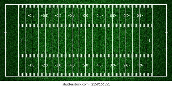 Realistic American football field background top view with grass pattern. Sport playground with white lines layout and turf texture. Standard stadium vector illustration. Match arena