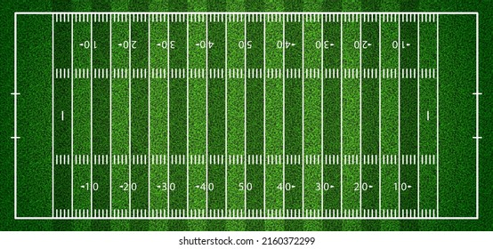 Vista de fondo realista del campo de fútbol americano con textura de hierba. Zona de juegos deportiva con diseño de líneas blancas y motivos de césped. Ilustración vectorial de estadio estándar. Arena