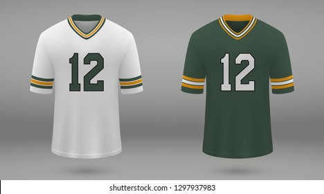 Realistic american football jersey Green Bay Packers, shirt template for kit. Vector illustration