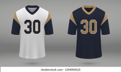 Realistic american football jersey of Los Angeles Rams, shirt template for kit. Vector illustration