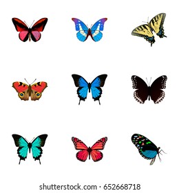 Realistic American Painted Lady, Hairstreak, Azure Peacock And Other Vector Elements. Set Of Butterfly Realistic Symbols Also Includes Morpho, Blue, Hairstreak Objects.