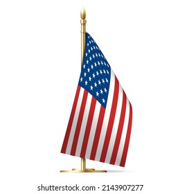 Realistic American table flag vector illustration. National patriotic USA fabric insignia symbol of government patriotism on golden metallic pole isolated. Country patriotic independence democracy