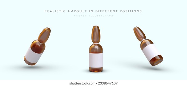 Realistic ampoule with blank label. View from top, bottom, side. Portion glass packaging for medicines. Set of vector illustrations with shadows. Icons for medicine, pharmacy business