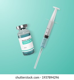 Realistic ampoule with vaccine and syringe template for web banner. Vaccination and treatment concept. Vector