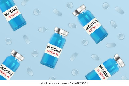 Realistic Ampoules with Antiviral Vaccine on a blue background. Coronavirus infection, Covid-19, nCov 2019. Fight against the virus. Victory of mankind. Easy to edit. Isolated Vector Illustration