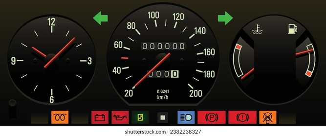 Realistische analoge Fahrzeugtafel mit Kilometer-Tachometer-Tachometerzähler und Dieselmotor und Beleuchtung ohne Tachometergrafik-Vektorgrafik.