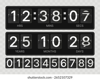 Realistic Analogue Time Clock and Flip Countdown Timer – Black Split-Flap Display for Years, Months, Days, Hours, Minutes, and Seconds – Vector Illustration for Web Pages and Event Templates.